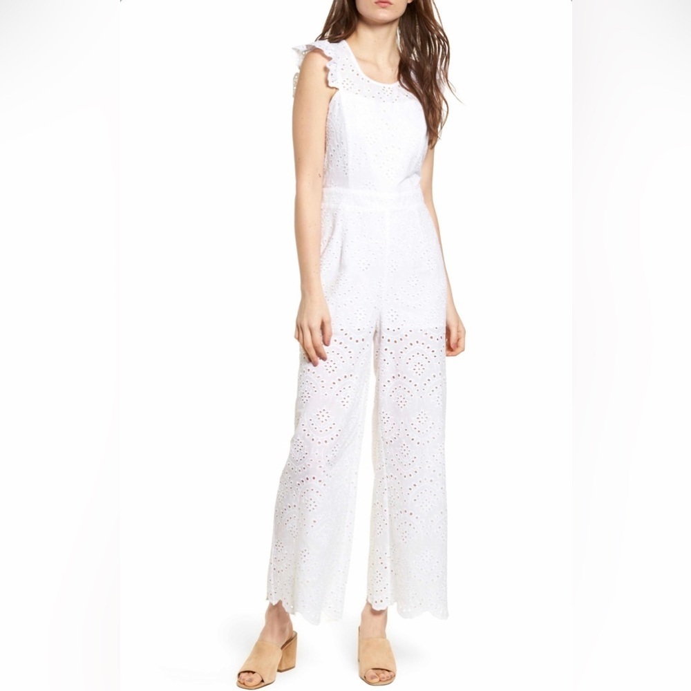 LEITH M Cotton Romantic Mesh Cottagecore Feminine Resort White Eyelet Jumpsuit
